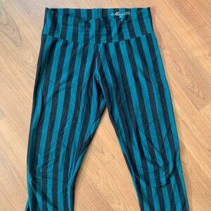 Maha Devi Design Leggings - Teal & Black Vertical Striped - Cropped - XS-S